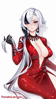 1girl alternate_costume arlecchino_(genshin_impact) black_hands black_streaks breasts cleavage colored_extremities commentary dress genshin_impact grey_eyes hair_between_eyes hand_up highres large_breasts long_hair long_sleeves looking_at_viewer multicolored_hair navel paid_reward_available parted_lips plunging_neckline red_dress red_pupils simple_background solo streaked_hair symbol-shaped_pupils tomatolaccoon very_long_hair white_background white_hair x-shaped_pupils