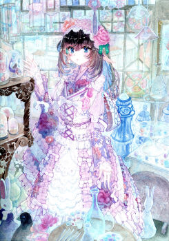 Rule 34 | 1girl, blue eyes, blush, brown hair, commentary request, curio (object), flower, frilled kimono, frilled veil, frills, hairband, highres, japanese clothes, kimono, kimono dress, kyuui, lace, lace-trimmed kimono, lace trim, lolita fashion, lolita hairband, original, painting (medium), pointy ears, rabbit, scenery, shelf, stained glass, sweet lolita, traditional media, wa lolita, watercolor (medium)