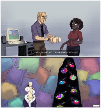 abstraction_(the_amazing_digital_circus) arm_hair belt black_hair black_necktie blonde_hair blue_shirt brown_pants chess_piece computer computer_keyboard dark-skinned_female dark_skin desk english_text facial_hair glasses grey_background head-mounted_display highres king_(chess) kinger_(the_amazing_digital_circus) monitor necktie open_mouth pants pillow queenie_(the_amazing_digital_circus) red_shirt rick_and_morty shirt standing teashteinn the_amazing_digital_circus