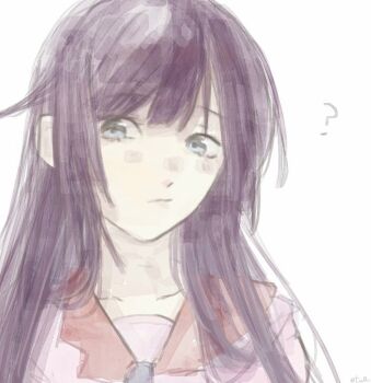 Rule 34 | 1girl, ?, bakemonogatari, blue eyes, blush, closed mouth, collarbone, collared shirt, hashtag-only commentary, long hair, looking at viewer, monogatari (series), naoetsu high school uniform, necktie, pink shirt, port, purple hair, school uniform, senjougahara hitagi, shirt, sidelocks, simple background, sketch, solo, tsu0ri, white background