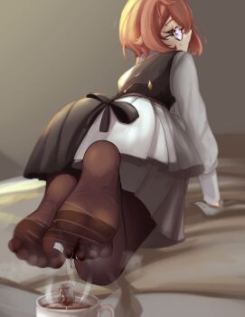 1girl apron black_vest bow brown_hair clio_aite cup dripping feet foot_focus glasses highres liquid looking_back maid nad_(gon4d) pantyhose phase_connect scar scar_across_eye scar_on_face shirt short_hair skirt smile soles tea toes vest virtual_youtuber white_shirt