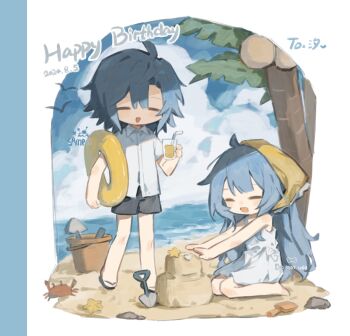 :d ahoge bare_arms bare_shoulders beach black_sandals black_shorts blue_hair blunt_bangs bucket chibi chibi_only closed_eyes cloud collared_shirt crab dated day dress full_body haiyan_limeng happy_birthday headscarf highres innertube long_hair open_mouth original outdoors palm_tree sample_watermark sand sand_castle sand_sculpture sandals shirt short_hair short_sleeves shorts shovel sitting sleeveless sleeveless_dress smile standing swim_ring tree watermark white_dress white_shirt yellow_headscarf
