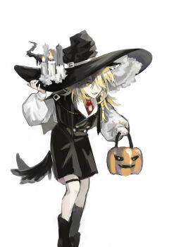 1girl absurdres alternate_costume animal_ears babaiwan_fengchui black_hat black_shorts blonde_hair braid candle candle_hat_ornament chinese_commentary commentary_request halloween halloween_bucket halloween_costume hand_on_headwear hat highres jack-o'-lantern kemonomimi_mode kirisame_marisa long_hair long_sleeves necktie open_mouth puffy_long_sleeves puffy_sleeves red_necktie shirt shorts side_braid simple_background single_braid sketch smile solo tail touhou white_background white_shirt witch_hat wolf_ears wolf_girl wolf_tail yellow_eyes