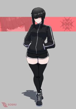 1girl artist_name black_hair black_jacket black_shoes black_shorts black_thighhighs blunt_bangs breasts celestia_ludenberg danganronpa:_trigger_happy_havoc danganronpa_(series) grey_background hands_in_pockets highres jacket large_breasts long_sleeves red_background red_eyes shoes short_hair shorts solo soshu_(soshuscribbles) thighhighs