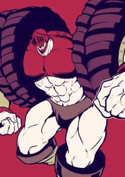 Rule 34 | 1boy, abs, absurdres, armor, boots, character request, clenched hands, commentary request, covered eyes, helmet, highres, kinnikuman, knee boots, limited palette, male focus, muscular, muscular male, navel, open mouth, otyumamii, red armor, red background, red helmet, smile, solo, wrestling trunks