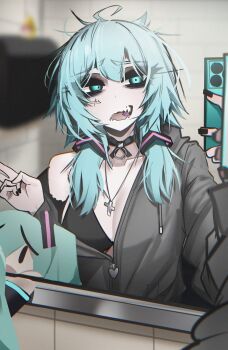 1girl ace_glitch ahoge alternate_hairstyle black_bra black_nails blue_eyes blue_hair blurry blurry_background bra breasts cellphone character_doll cleavage commentary cross cross_necklace doll double-parted_bangs english_commentary facing_viewer fingernails grey_hoodie hand_up hatsune_miku highres holding holding_phone hood hoodie indoors jewelry large_breasts long_hair looking_at_phone messy_hair mirror mirror_selfie nail_polish necklace open_mouth pearto phone selfie sharp_teeth single_bare_shoulder smartphone solo stuffed_toy teeth underwear vocaloid wolf_cut zipper_pull_tab