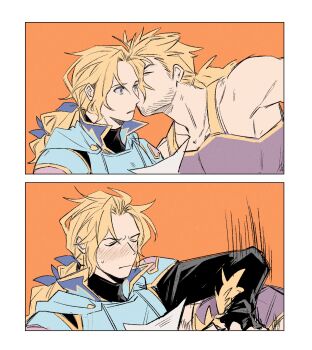 Rule 34 | beard stubble, black shirt, blue cape, blue eyes, blue ribbon, blush, border, brothers, cape, closed eyes, commentary request, edgar roni figaro, facial hair, final fantasy, final fantasy vi, furrowed brow, garbage paper, hair ribbon, highres, kiss, kissing cheek, korean commentary, long hair, motion lines, multi-tied hair, orange background, parted bangs, parted lips, ponytail, ribbon, sabin rene figaro, shirt, short ponytail, shoving, siblings, sleeveless, sleeveless shirt, stubble, sweatdrop, twins, upper body, white border, yaoi