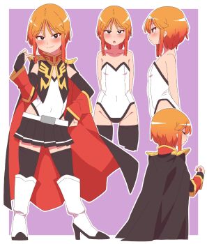 1girl absurdres adapted_costume alternate_costume armor arms_behind_back black_bridal_gauntlets black_cape black_skirt black_thighhighs blush boots bridal_gauntlets cape commentary_request covered_navel flat_chest full_body gundam gundam_zz hand_on_own_hip high_heel_boots high_heels highres leotard looking_at_viewer multiple_views neo_zeon onimaru_(onimal7802) open_mouth orange_hair pauldrons pleated_skirt puru_two red_cape reference_sheet short_hair shoulder_armor sidelocks skirt smile strapless strapless_leotard thighhighs two-sided_cape two-sided_fabric white_boots white_leotard