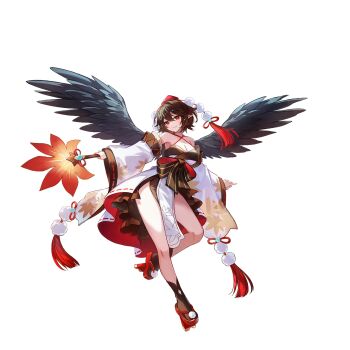 1girl bird_wings black_socks black_wings breasts brown_hair cleavage closed_mouth detached_sleeves embellished_costume feathered_wings full_body game_cg geta hat hauchiwa highres holding japanese_clothes kimono kourindou_tengu_costume leaf_print looking_at_viewer maple_leaf_print non-web_source official_art pelvic_curtain pointy_ears pom_pom_(clothes) print_kimono red_eyes red_hat red_sandals ribbon-trimmed_sleeves ribbon_trim sandals second-party_source shameimaru_aya side_slit smile socks solo tengu-geta thighs tokin_hat touhou touhou_gensou_eclipse transparent_background u_u_zan white_kimono wings