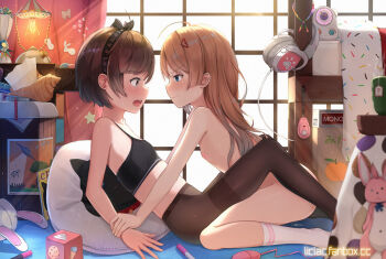 2girls ahoge bare_arms bare_shoulders black_bra black_hairband blue_eyes blush bra breasts brown_eyes brown_hair brown_legwear closed_mouth commentary_request conch crime_prevention_buzzer egg_vibrator eye_contact from_side hair_ornament hairband hairclip headphones indoors kodomo_doushi lamp liclac loli long_hair looking_at_another multiple_girls nipples no_shoes nude open_mouth original pantyhose pillow profile remote_control_vibrator sex_toy short_hair sitting small_breasts socks stuffed_animal stuffed_rabbit stuffed_toy thighband_pantyhose underwear v-shaped_eyebrows vibrator wariza watermark web_address white_legwear yuri