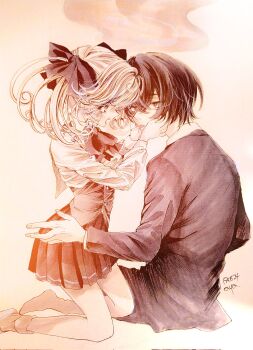 Rule 34 | 1boy, 1girl, aya carmine, bow, cigarette, expressionless, eye contact, formal clothes, greyscale, hair bow, hands on another's face, highres, hitomi hirosuke (sayonara wo oshiete), kneeling, looking at another, millipen (medium), monochrome, nib pen (medium), open mouth, pen (medium), sayonara wo oshiete, school uniform, sitting, skirt, suit, tamachi mahiru, traditional media, twintails, vest