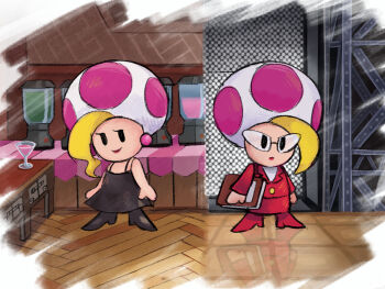 1girl black_dress black_shoes blonde_hair cocktail_glass cup dress drinking_glass dual_persona earrings expressionless formal_clothes glasses highres indoors jewelry jolene_(paper_mario) mario_(series) nintendo paper_mario paper_mario:_the_thousand-year_door red_shoes red_skirt red_suit reflective_floor shoes skirt smile sphere_earrings standing suit yamari_(ya_mari_6363)