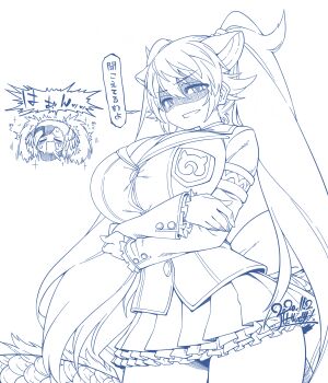 2girls animal_ears blue_theme blush breasts commentary_request disgust dragon_girl dragon_tail greater_bird-of-paradise_(kemono_friends) hair_between_eyes highres kemono_friends large_breasts long_hair long_sleeves looking_at_viewer monochrome multiple_girls necktie open_mouth pantyhose pointy_ears seiryuu_(kemono_friends) skirt smile tail translation_request twintails very_long_hair white_background yoshida_hideyuki