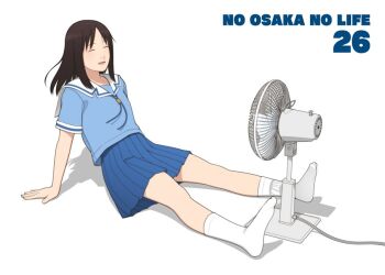 1girl arm_support azumanga_daioh&#039;s_school_uniform azumanga_daiou blue_ribbon blue_serafuku blue_shirt blue_skirt breasts brown_hair character_name closed_eyes collared_shirt commentary_request dress_shirt electric_fan full_body hot kasuga_ayumu kneehighs leaning_back medium_hair neck_ribbon no_shoes numbered on_ground parted_lips pleated_skirt promotional_art relaxing ribbon sailor_collar school_uniform second-party_source serafuku shadow shinchou_ni_kansuru_kousatsu shirt short_sleeves simple_background sitting skirt small_breasts socks solo summer_uniform title white_background white_sailor_collar white_socks
