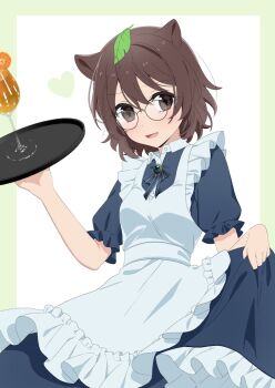 1girl alternate_costume animal_ears apron blue_bow blue_bowtie blue_dress bow bowtie brown_eyes brown_hair commentary_request commission cup dress drinking_glass enmaided frilled_apron frilled_dress frills futatsuiwa_mamizou glasses heart holding holding_tray leaf leaf_on_head maid medium_hair open_mouth raccoon_ears raccoon_girl round_eyewear skeb_commission skirt_hold solo touhou tray tsuno_no_hito white_apron