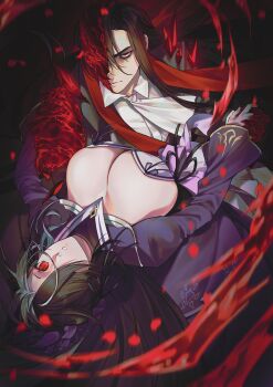 1boy 1girl absurdres arm_around_back ascot black_coat black_hair blood blood_splatter bonnet breast_ribbon breasts cleavage coat collared_shirt dancing dip_(dance_move) dress hair_over_one_eye half_mask han_(somhan123) hemokinesis highres holding_hands la_manchaland_(identity)_(project_moon) large_breasts leaning_back limbus_company long_hair long_sleeves looking_at_viewer mask mask_over_one_eye meursault_(project_moon) multicolored_hair one_eye_covered original project_moon purple_bonnet purple_dress red_eyes red_sash sash shirt two-tone_hair vampire waltz_(dance) white_ascot white_hair white_shirt