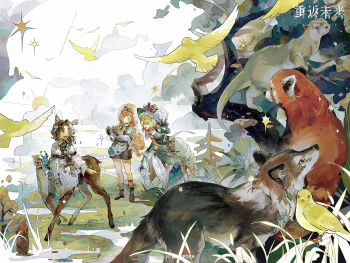 3girls :d absurdres animal_ears animal_focus ankle_boots belt belt_pouch bird black_gloves blonde_hair boots brown_belt brown_boots brown_hair brown_shorts camera centauroid chinese_commentary chinstrap commentary_request copyright_name copyright_notice deer_ears deer_girl dress drill_hair elbow_gloves flower forest gloves green_dress green_eyes green_gloves green_hat hat hat_feather hat_flower highres holding holding_camera holding_flower jessica_(reverse:1999) logo long_braid long_dress long_hair looking_at_another low_twintails mouth_hold multiple_girls nature official_alternate_costume official_art open_mouth orange_hair otter picture_hat pouch red_panda reverse:1999 shirt shorts sky sleeveless sleeveless_dress smile sonetto_(reverse:1999) sotheby standing taur tree twin_drills twintails white_shirt white_sky wolf yellow_bird