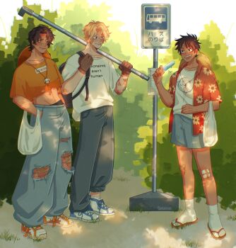 Rule 34 | 3boys, absurdres, alternate universe, backpack, bag, baggy pants, bandaid, bandaid on cheek, bandaid on face, bandaid on knee, bandaid on leg, bandaid on nose, black hair, blonde hair, blue eyes, brown gloves, commentary, cropped shirt, dappled sunlight, denim, english commentary, floral print shirt, food, freckles, full body, gloves, hand in pocket, hat, highres, holding, holding bag, holding food, holding popsicle, jeans, looking at another, male focus, midriff, monkey d. luffy, multiple boys, one piece, open clothes, open mouth, open shirt, orange shirt, outdoors, pants, popsicle, portgas d. ace, red shirt, sabo (one piece), sandals, saterise, scar, scar on face, shirt, shoes, short hair, short sleeves, smile, sneakers, socks, standing, straw hat, sunlight, torn clothes, torn pants, unworn hat, unworn headwear, white shirt, white socks