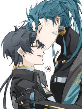 2boys belt black_belt black_gloves black_hair black_jacket black_shirt blue_hair blue_jacket closed_eyes closed_mouth collared_jacket covered_collarbone earrings eyeshadow facial_mark gloves hair_between_eyes hair_ornament hand_on_another's_shoulder hand_up heart high_ponytail highres jacket jewelry jiyan_(wuthering_waves) kiss kissing_forehead long_hair long_sleeves low_ponytail makeup male_focus male_rover_(wuthering_waves) multiple_boys necklace open_clothes open_jacket open_mouth ponytail red_eyeshadow rodingnes50232 rover_(wuthering_waves) shirt simple_background smile speech_bubble spoken_heart t-shirt tassel tassel_earrings teeth turtleneck turtleneck_shirt upper_body white_background white_belt white_shirt wuthering_waves yaoi