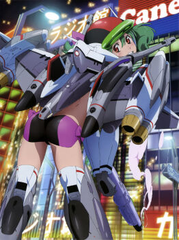 absurdres ass blush cosplay green_hair gun highres looking_back macross macross_frontier macross_frontier:_itsuwari_no_utahime mecha mecha_musume ranka_lee red_eyes robot short_hair smile solo tornado_pack vf-25 vf-25_(cosplay) weapon