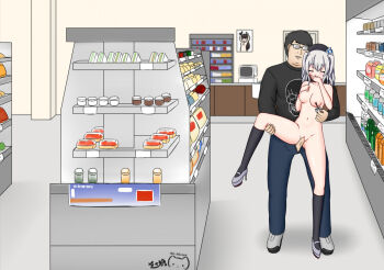 1boy 1girl artist_logo artist_name beret black_hair black_hat black_shirt black_socks blue_pants blurry blush breasts cash_register cashier censored chinese_commentary closed_eyes clothed_male_nude_female commentary completely_nude convenience_store counter covering_own_mouth depth_of_field double-parted_bangs english_commentary exhibitionism fat furrowed_brow glasses grey_hair hair_between_eyes hat hat_ribbon high_heels holding_another's_leg id_card indoors kantai_collection kashima_(kancolle) kashima_(lawson)_(kancolle) kneehighs lawson logo long_sidelocks medium_breasts mixed-language_commentary mosaic_censoring multilingual_commentary nail_polish navel nipple_clamps nipple_pull nipple_stimulation nipples nude open_fly original pants pink_nails ppshex public_indecency pussy ribbon sex sex_from_behind shelf shirt shop sidelocks signature smile socks spread_legs standing standing_on_one_leg standing_sex store_clerk story_in_commentary twintails unzipped