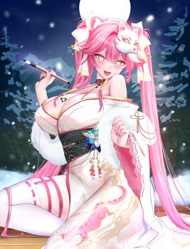 1girl absurdres animal_ears bare_shoulders bell black_sash blush bow breasts cat_mask cleavage commentary earrings english_commentary fangs fingernails full_moon glint hair_bow hair_intakes hair_ornament hair_stick highres holding holding_paintbrush hololive hololive_english huge_breasts japanese_clothes jewelry jingle_bell kimono large_breasts long_hair long_sleeves looking_at_viewer mask mask_on_head moon mountain multicolored_hair nail_polish necrotenshi night night_sky open_mouth outdoors paintbrush panther_ears panther_girl panther_print pink_hair pink_nails purple_sky raora_panthera raora_panthera_(new_year) sash sky snow_on_tree snowing solo streaked_hair thighhighs thighs tongue tree twintails virtual_youtuber white_bow white_hair white_kimono white_thighhighs wide_sleeves wooden_floor yellow_eyes