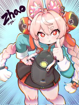 1girl ahoge animal_ear_fluff animal_ears black_skirt blush braid chromatic_aberration closed_mouth dress emphasis_lines hair_between_eyes hair_ornament hand_on_own_hip highres long_hair long_sleeves looking_at_viewer miniskirt pink_hair rabbit_ears rabbit_girl red_eyes shirt short_eyebrows skirt solo thick_eyebrows thighs twin_braids twintails very_long_hair xeppir zenless_zone_zero zhao_(zenless_zone_zero)