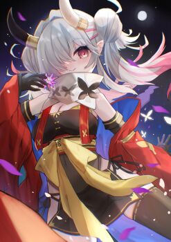 1girl a.i._voice animal_print asymmetrical_horns backlighting bare_shoulders black_background black_gloves black_leotard black_thighhighs bow breasts bug butterfly butterfly_ornament butterfly_print cleavage commentary_request double_bun elbow_gloves gloves grey_hair hair_bun hair_intakes hair_over_one_eye haori hasuki_nemu highres horns insect irodorikaeru japanese_clothes leotard microskirt mismatched_horns moon multicolored_hair night night_sky off_shoulder oni petals pink_hair red_eyes red_haori sash scarf skirt sky solo thighhighs twintails two-sided_fabric waist_bow white_scarf yellow_sash