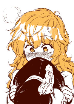 1girl absurdres blonde_hair blush commentary_request embarrassed hat highres holding holding_unworn_clothes holding_unworn_hat kirisame_marisa long_hair oninamako partially_colored solo touhou unworn_hat unworn_headwear witch_hat yellow_eyes