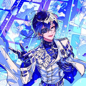 1boy :d absurdres belt blue_belt blue_cape blue_eyes blue_gloves blue_hair blue_shirt blue_theme cape collar commentary_request crescent crescent_earrings crescent_necklace crossed_bangs crown_(symbol) earrings eyepatch falling_petals film_strip gloves hair_between_eyes hand_on_own_chest hand_up highres jacket jewelry lapel_pin lapels long_sleeves looking_at_viewer male_focus mole mole_under_eye necklace open_mouth petals shirt short_hair side_cape silhouette single_earring smile solo stpr_boys_project teeth tsukishiro_yashiro_(utaite) two-sided_cape two-sided_fabric upper_body upper_teeth_only white_cape white_jacket yudeazu_king