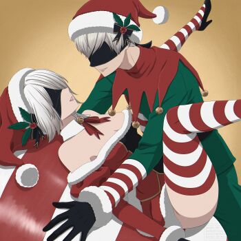 1boy 1girl 2b_(nier:automata) 9s_(nier:automata) absurdres alternate_costume bare_shoulders bell between_legs black_gloves black_shoes blindfold boy_on_top breasts christmas closed_mouth commentary detached_collar dress english_commentary facing_another from_side fur-trimmed_dress fur-trimmed_headwear fur_trim gloves gradient_background green_jacket grey_hair hat hat_ornament hetero high_heels highres holly_hat_ornament jacket legs_up long_sleeves lying medium_breasts neck_bell neck_ribbon nier:automata nier_(series) on_back parted_lips pom_pom_(clothes) red_dress red_hat red_ribbon ribbon santa_costume santa_hat shirl_geem shoes short_hair strapless strapless_dress striped_clothes striped_thighhighs thighhighs