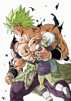 1boy 1girl blank_eyes bowl_cut broly_(dragon_ball_super) cheelai colored_skin dragon_ball dragon_ball_super dragon_ball_super_broly gloves green_hair green_skin highres holding_to_chest kakeru_(dbskakeru) legendary_super_saiyan pants purple_eyes purple_pants scar shorts skin_tight spiked_hair super_saiyan topless_male torn_clothes white_hair