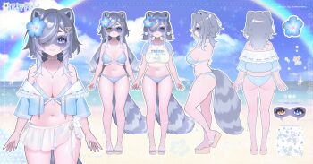 1girl 3am absurdres animal_ears bikini blue_bikini blue_eyes blue_jacket blue_nails breasts cleavage closed_mouth cropped_jacket cropped_shirt domino_mask eye_mask flower_hairpin grey_hair hair_ornament heterochromia highres jacket large_breasts madi_(weeniedesu) mask multicolored_hair nail_polish official_alternate_costume official_art raccoon_ears raccoon_girl raccoon_tail shirt smile snuffy_(swimsuit)_(vtuber) snuffy_(vtuber) solo star_(symbol) star_hair_ornament streaked_hair swimsuit tail toenail_polish toenails virtual_youtuber white_hair white_shirt yellow_eyes