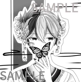 1boy bingtang_ban_shizi bug butterfly butterfly_over_mouth chinese_clothes chinese_commentary commentary_request eyelashes flower greyscale hair_flower hair_ornament hand_on_own_chin hanfu infinity_nikki insect looking_to_the_side male_focus monochrome nail_polish nikki_(series) official_alternate_costume outline sample_watermark smoke solo tan_youyou_(infinity_nikki) upper_body watermark white_background white_outline