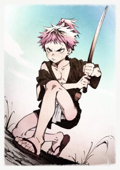 1boy 3ji feet fudonshi legs male_focus original pink_hair sandals shota sword topknot weapon