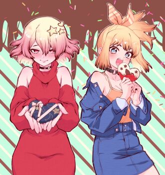 2girls blonde_hair blue_eyes blush bow box breasts camisole chocolate choker denim denim_jacket denim_skirt detached_sleeves dr._stone dress fluffy_hair gift gradient_hair hair_bow hair_ornament heart heart-shaped_box high_ponytail holding holding_gift incoming_gift jacket kohaku_(dr._stone) looking_at_viewer luna_wright medium_hair multicolored_hair multiple_girls ninomae_gin o-ring o-ring_choker off_shoulder open_mouth pencil_skirt pink_eyes pink_hair ponytail red_eyes short_hair sidelocks skirt smile star_(symbol) star_choker star_hair_ornament sweater teeth valentine