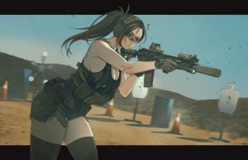 Rule 34 | 1girl, assault rifle, breasts, chest rig, commentary, english commentary, firing, gun, handgun, highres, holding, holding gun, holding weapon, legs, m4 carbine, magazine (weapon), maxturbo69, military, ponytail, rifle, shooting range, short shorts, shorts, small breasts, suppressor, thighhighs, weapon