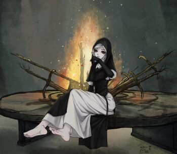 1girl absurdres barefoot black_dress black_gloves black_theme commentary commission dress elden_ring elden_ring_nightreign english_commentary feet fire flaming_sword flaming_weapon full_body gloves highres no_shoes on_table sitting staring sword table toes undertaker_(elden_ring) weapon wiping_mouth