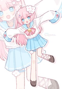 Rule 34 | 1girl, :d, ahoge, ankle lace-up, artist name, blue eyes, blue sailor collar, blue skirt, blush stickers, bow, bowtie, brown shoes, commentary, drop shadow, english commentary, flower, frilled sailor collar, frills, full body, hair flower, hair ornament, highres, leg up, long hair, long sleeves, looking at viewer, open mouth, original, outline, outstretched arms, pink bow, pink bowtie, pink hair, pleated skirt, sailor collar, school uniform, serafuku, shoes, simple background, skirt, sleeves past fingers, sleeves past wrists, smile, spread arms, standing, standing on one leg, striped bow, striped bowtie, striped clothes, white background, white flower, white outline, yukomeow, zoom layer