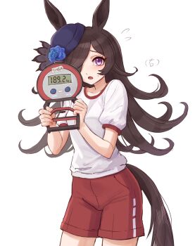 1girl absurdres animal_ears blue_flower blue_hat blue_rose blush breasts brown_hair collarbone commentary dynamometer flipped_hair flower grip_trainer gym_shirt gym_uniform hair_over_one_eye hat hat_flower highres holding hong_kirin horse_ears horse_girl horse_tail long_hair looking_at_viewer open_mouth purple_eyes red_shorts rice_shower_(umamusume) rose shirt short_sleeves shorts simple_background solo strength_tester_machine sweatdrop symbol-only_commentary tail tilted_headwear tracen_training_uniform umamusume white_background white_shirt