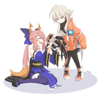 Rule 34 | 2girls, ahoge, animal ear fluff, animal ears, ankle boots, arknights, armband, artist name, bare shoulders, bent over, black gloves, black legwear, black sweater, blue bow, blue dress, blue kimono, blue ribbon, blue thighhighs, boots, bow, closed eyes, detached sleeves, dress, fate/extra, fate/grand order, fate (series), fox ears, fox girl, fox tail, gloves, grey hair, hair between eyes, hair bow, hair ribbon, hand on own knee, highres, holding, jacket, japanese clothes, kimono, long hair, long sleeves, looking at another, looking down, mayer (arknights), multiple girls, obi, open mouth, orange jacket, pantyhose, paran01d, photo (object), pink hair, platform footwear, ribbon, robot, saitou chiwa, sash, sidelocks, sitting, smile, split ponytail, sweater, tail, tamamo no mae (fate), thighhighs, voice actor connection, white background, zettai ryouiki