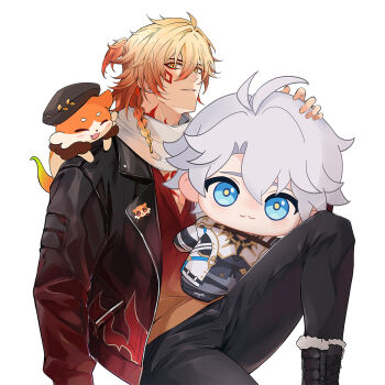 Rule 34 | 1boy, alternate costume, black boots, black jacket, black pants, blonde hair, boots, braid, character doll, chest tattoo, chimera (honkai: star rail), commentary request, doll, facial tattoo, fur-trimmed boots, fur trim, gradient hair, highres, holding, holding doll, honkai: star rail, honkai (series), jacket, leather, leather jacket, liyue so good, male focus, medium hair, multicolored hair, mydei (fig stew) (honkai: star rail), mydei (honkai: star rail), open clothes, open jacket, pants, phainon (honkai: star rail), red hair, red shirt, red tattoo, scarf, shirt, side braid, simple background, solo, tattoo, white background, white scarf, yellow eyes