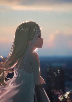 1girl absurdres against_railing arisu_syndrome bare_shoulders blonde_hair blurry blurry_background brown_eyes cityscape closed_mouth commentary_request dress from_side gakuen_idolmaster highres idolmaster long_hair looking_ahead outdoors railing shinosawa_hiro sky sleeveless sleeveless_dress solo upper_body white_dress