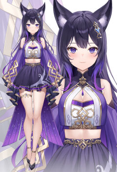 1girl animal_ear_fluff animal_ears bare_shoulders black_hair black_shoes black_skirt breasts cleavage commentary copyright_request crop_top english_commentary hair_ornament highres long_hair long_sleeves lunacle medium_breasts midriff navel pleated_skirt purple_eyes shoes simple_background skindentation skirt solo thigh_strap very_long_hair virtual_youtuber white_background wide_sleeves zoom_layer