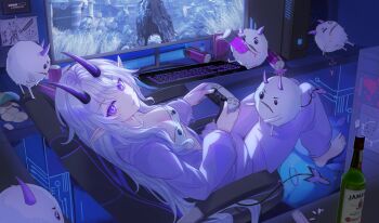 1girl alcohol bag_of_chips barefoot bloodborne bottle breasts can casual celtreny chips_(food) cleavage closed_mouth commentary computer computer_keyboard computer_tower controller creature desk drawing_(object) drink_can drinking drooling dualsense english_commentary eyelashes fangs food game_controller highres holding holding_can holding_controller holding_game_controller horns indie_virtual_youtuber indoors jacket junki_(powdur) long_hair long_sleeves looking_at_viewer lying on_back open_clothes open_jacket pants playing_games playstation_controller pointy_ears potato_chips powdur_(vtuber) purple_eyes purple_horns purple_jacket purple_pants second-party_source sitting sleeping spill tail v-shaped_eyebrows virtual_youtuber whiskey white_hair