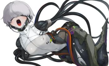 1girl absurdres breasts commentary_request cyborg grey_hair hair_over_eyes highres long_bangs mechanical_legs mechanical_tentacles medium_breasts open_mouth original short_hair solo teeth tentacles tongue tongue_out yunimaru