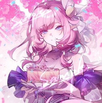 Rule 34 | 1girl, absurdres, birthday cake, blue eyes, breasts, cake, cleavage, closed mouth, collarbone, dress, elf, elysia (honkai impact), floral background, food, hair ornament, highres, holding, holding cake, holding food, holding plate, honkai (series), honkai impact 3rd, large breasts, long hair, looking at viewer, official alternate costume, pink hair, plate, pointy ears, sample watermark, see-through cleavage, see-through clothes, seven60755660, smile, solo, upper body, watermark, white dress