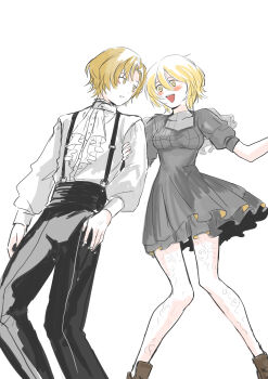 1boy 1girl absurdres ascot black_dress black_pants blonde_hair blush commentary couple don_quixote_(project_moon) dress full_body hetero highres limbus_company long_sleeves looking_at_another nugii official_alternate_costume open_mouth pants project_moon puffy_long_sleeves puffy_sleeves shirt short_hair simple_background sinclair_(project_moon) suspenders symbol-only_commentary white_ascot white_background white_shirt yellow_eyes