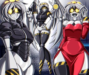 >_< 1girl :d colored_skin dress dual_persona female_focus glitch_productions grey_skin grin gun highres mecha_girl mechanical_tail murder_drones open_mouth red_dress robot_girl shiny_skin short_hair smile tail thighhighs v_(murder_drones) weapon wings xd yellow_eyes