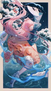 1girl absurdres arms_behind_back arms_up back blue_fire blue_nails blue_shirt blue_sky boots border branch brown_border closed_mouth commentary_request fingernails fire flying from_behind grey_boots hair_between_eyes hand_fan hata_no_kokoro highres leaf long_hair long_sleeves looking_down maccha_(mochancc) mask nail_polish night orange_skirt outside_border pink_eyes pink_hair plaid_clothes plaid_shirt shirt skirt sky snow snow_on_tree solo touhou tree water wide_sleeves